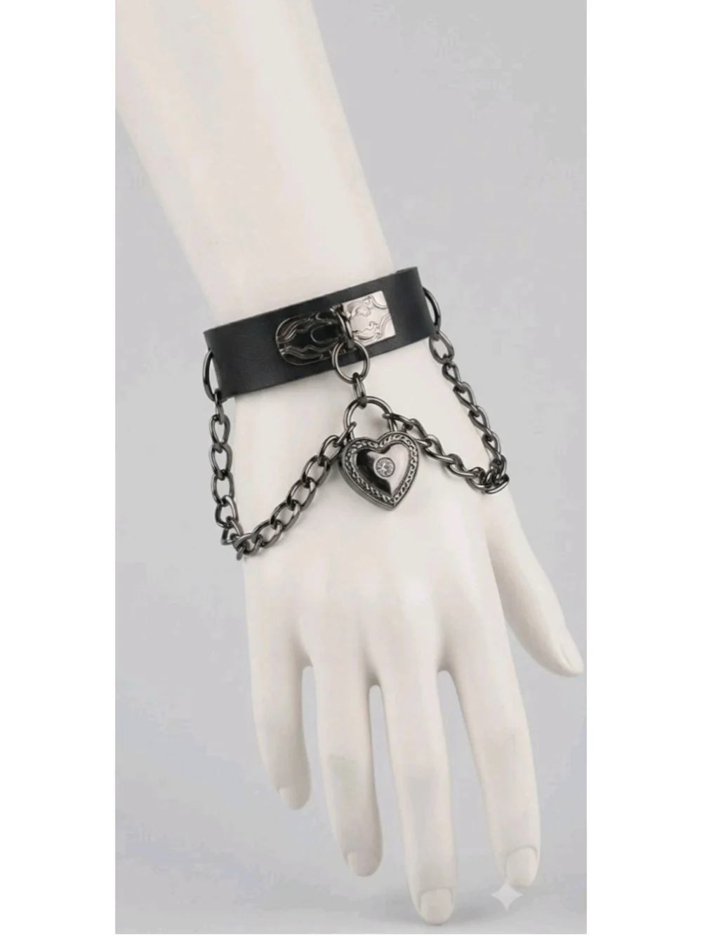 Gothic Punk Black Leather Heart Lock Chain Bracelet / Choker Cuff Jewelry New